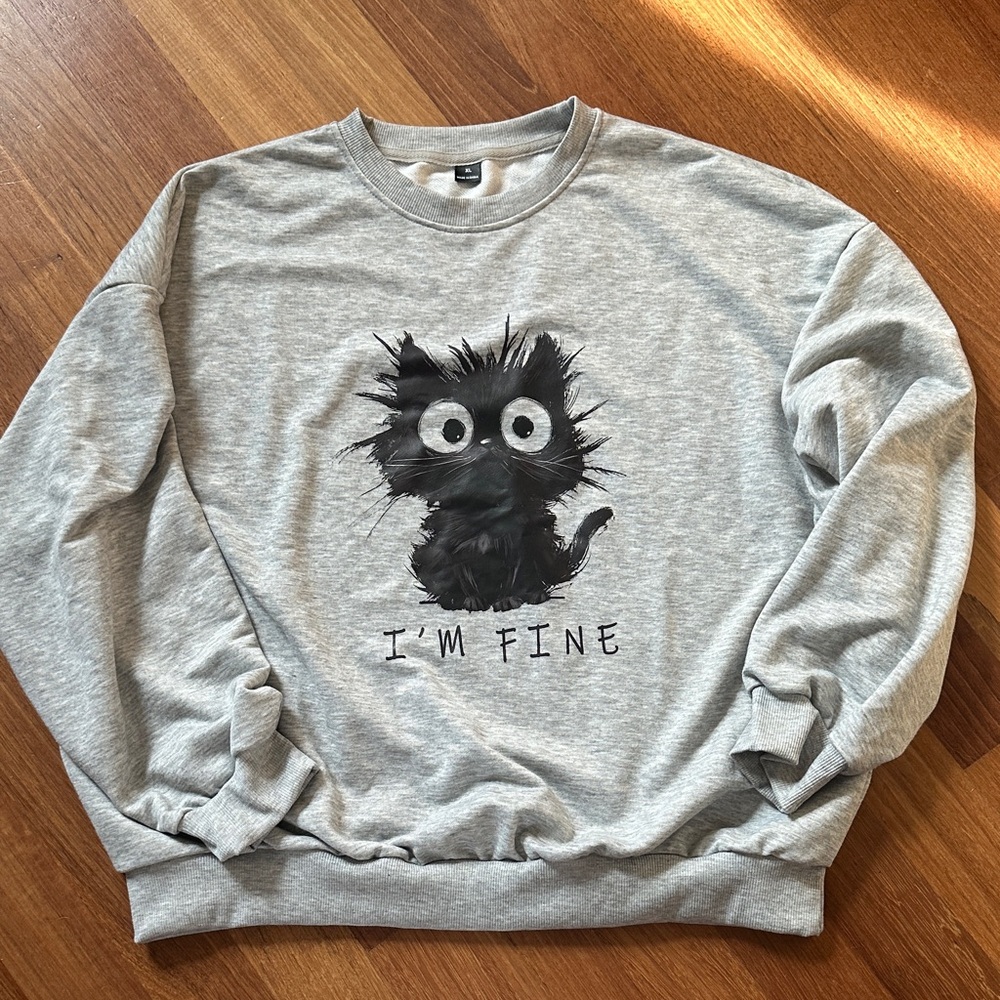Gray Sweatshirt with Black Cat Print